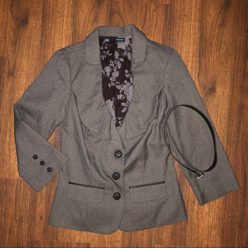 EUC Maurices Brown Tweed Belted 3/4 Blazer